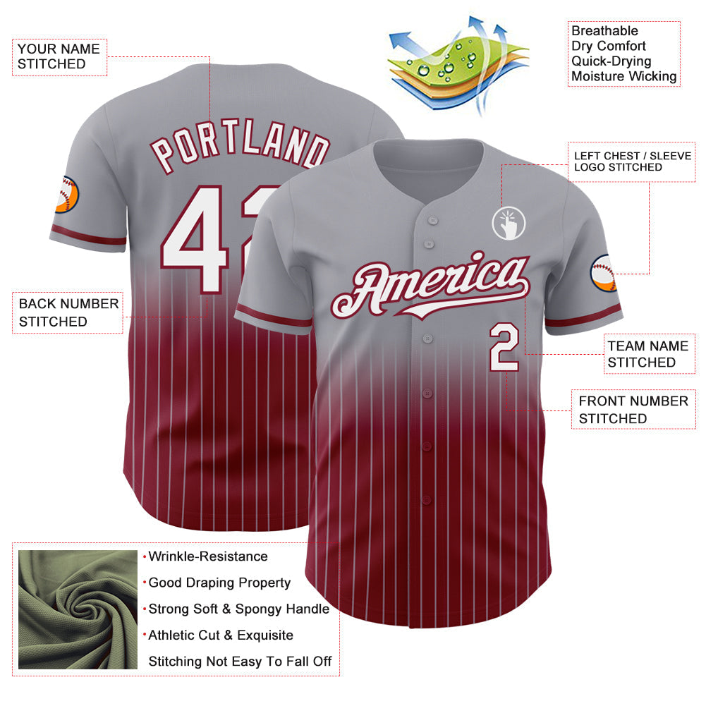 Custom Gray Pinstripe White-Crimson Authentic Fade Fashion Baseball Jersey baseball jersey product view 4