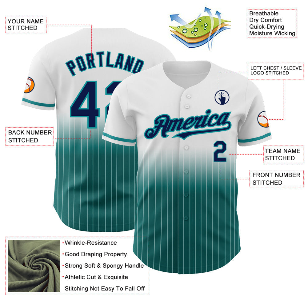 Custom White Pinstripe Navy-Teal Authentic Fade Fashion Baseball Jersey baseball jersey product view 4