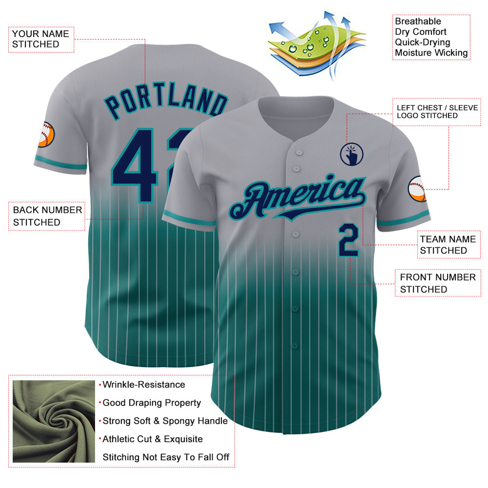 Custom Gray Pinstripe Navy-Teal Authentic Fade Fashion Baseball Jersey baseball jersey product view 4