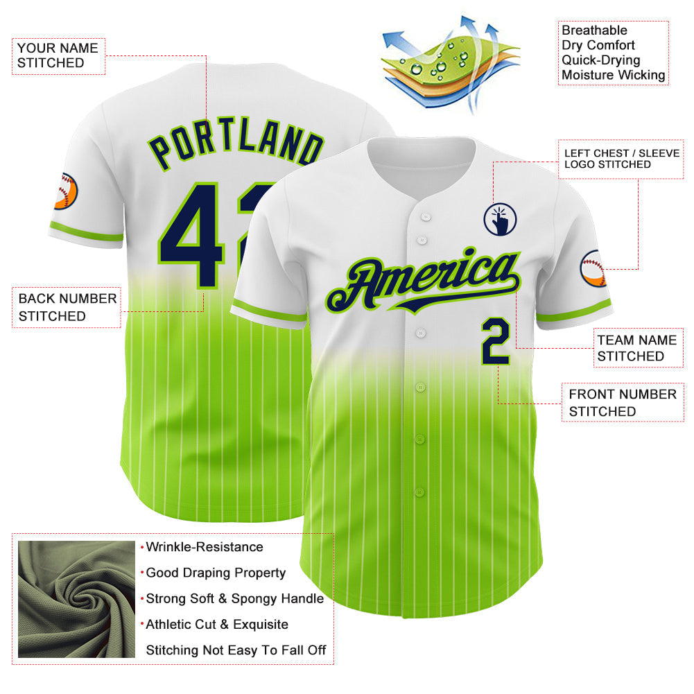 Custom White Pinstripe Navy-Neon Green Authentic Fade Fashion Baseball Jersey baseball jersey product view 4