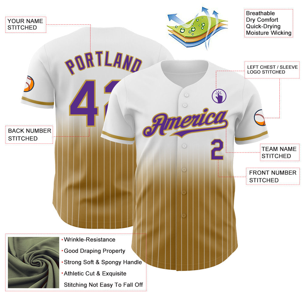 Custom White Pinstripe Purple-Old Gold Authentic Fade Fashion Baseball Jersey baseball jersey product view 4