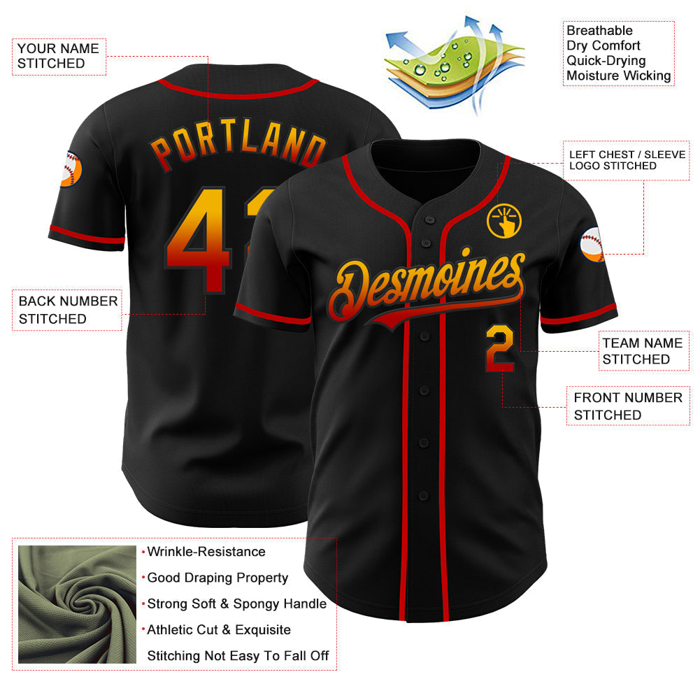 Custom Black Gold-Red Authentic Fade Fashion Baseball Jersey baseball jersey product view 3
