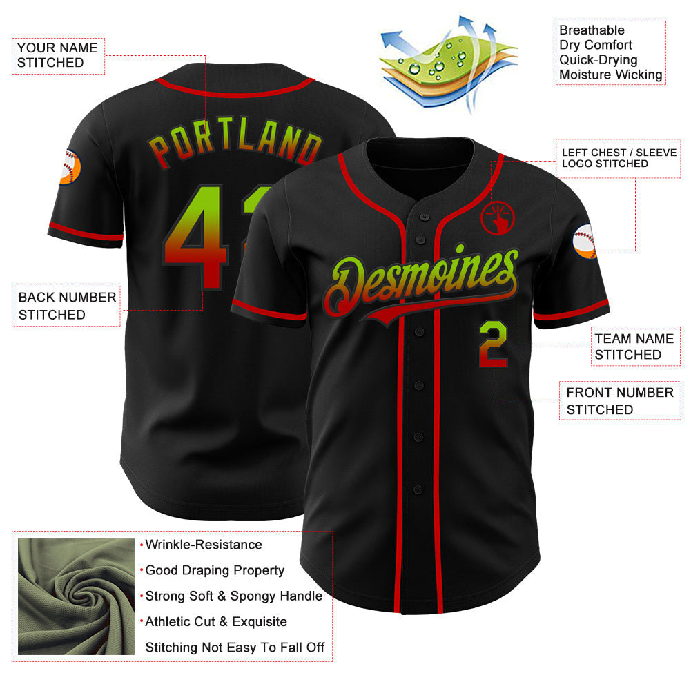 Custom Black Neon Green-Red Authentic Fade Fashion Baseball Jersey baseball jersey product view 3