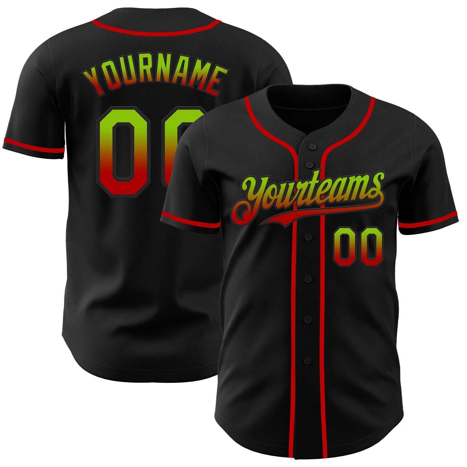 Custom Black Neon Green-Red Authentic Fade Fashion Baseball Jersey baseball jersey product view 1