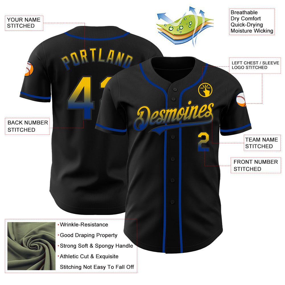 Custom Black Yellow-Royal Authentic Fade Fashion Baseball Jersey baseball jersey product view 3