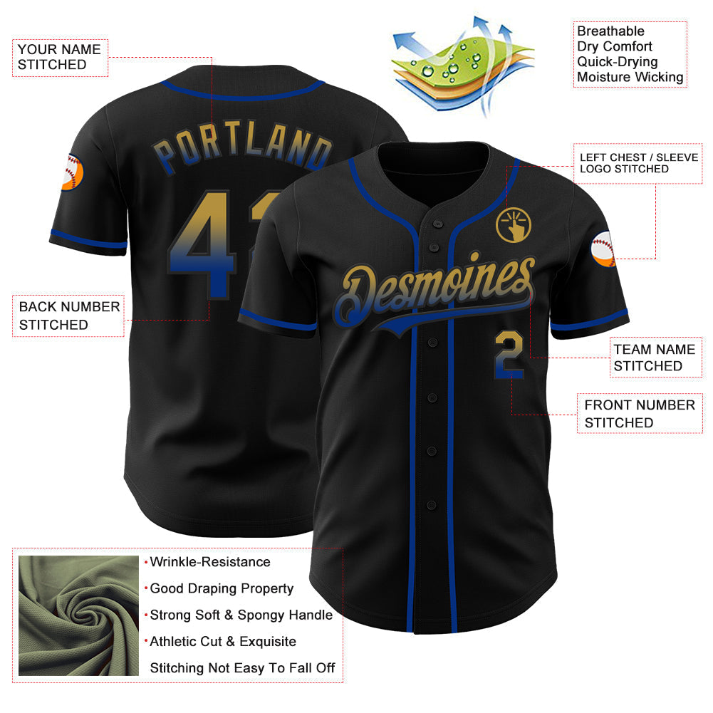 Custom Black Old Gold-Royal Authentic Fade Fashion Baseball Jersey baseball jersey product view 3