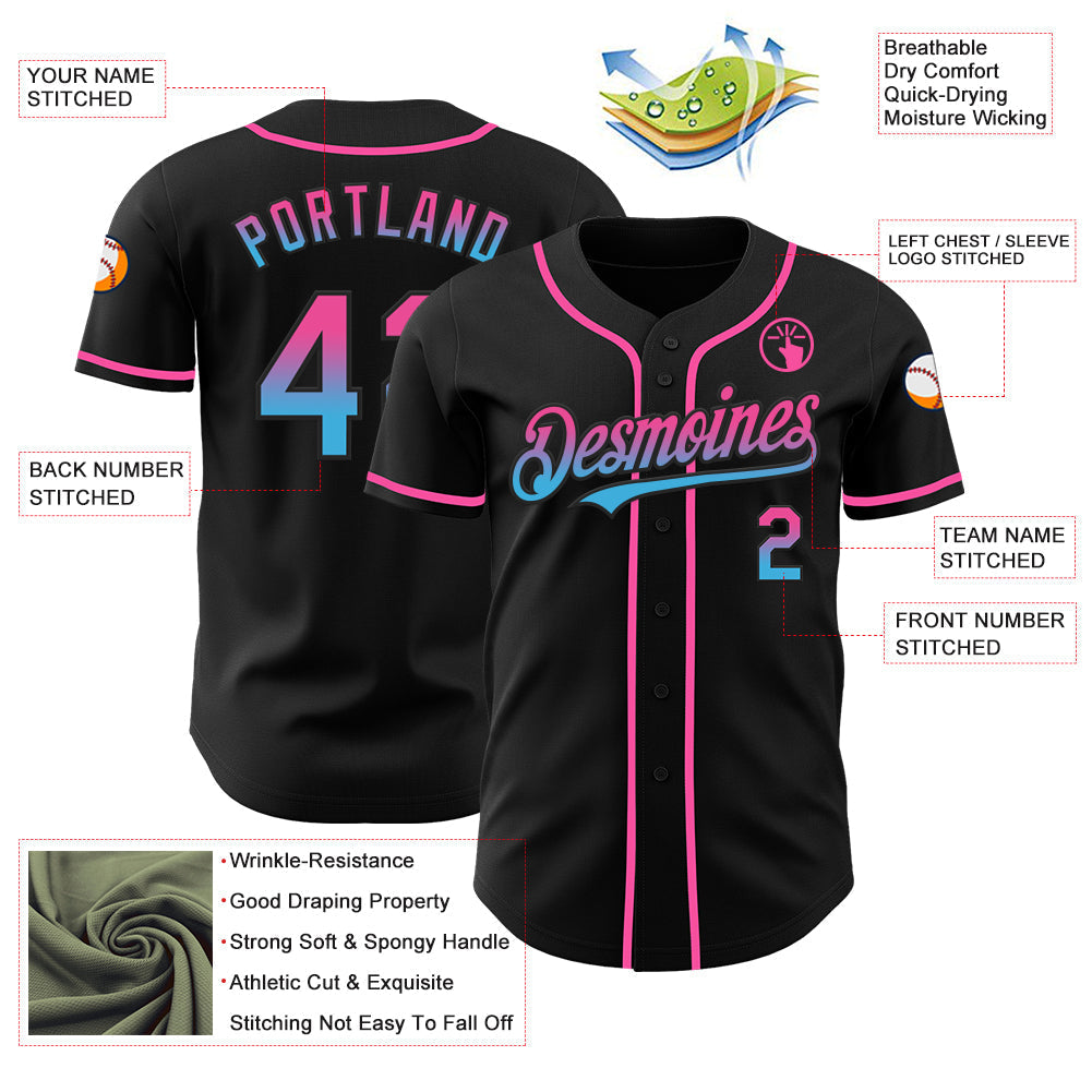 Custom Black Pink-Sky Blue Authentic Fade Fashion Baseball Jersey baseball jersey product view 3