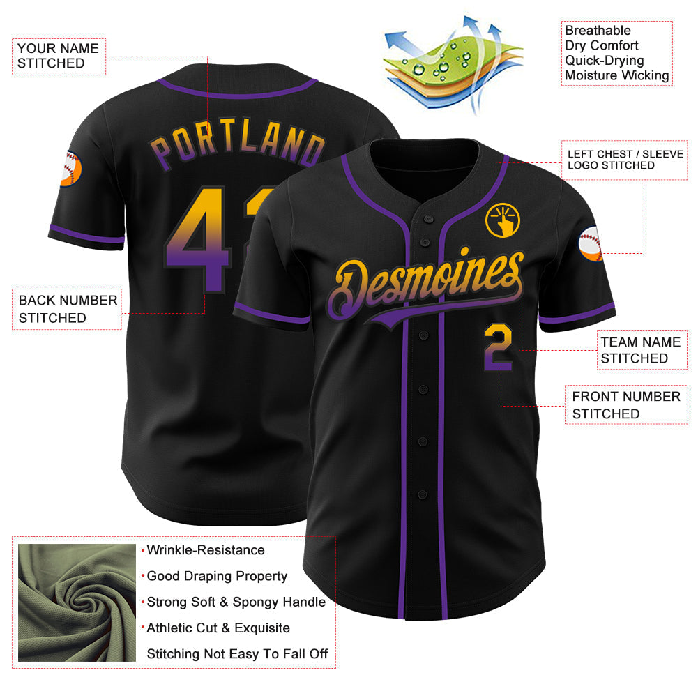 Custom Black Gold-Purple Authentic Fade Fashion Baseball Jersey baseball jersey product view 3