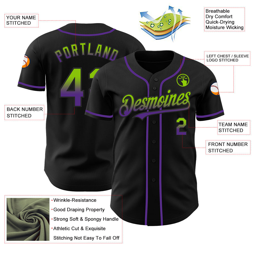Custom Black Neon Green-Purple Authentic Fade Fashion Baseball Jersey baseball jersey product view 3