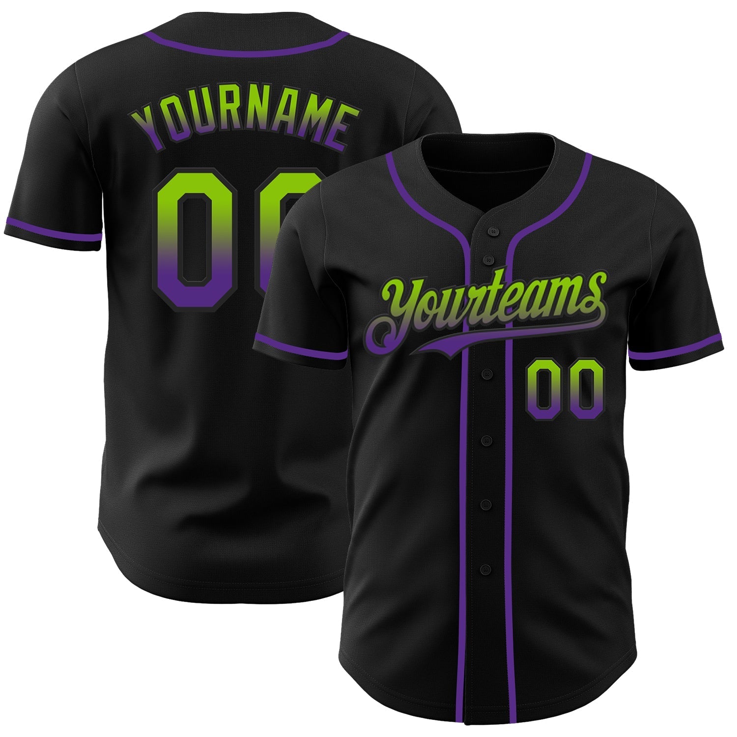 Custom Black Neon Green-Purple Authentic Fade Fashion Baseball Jersey baseball jersey product view 1