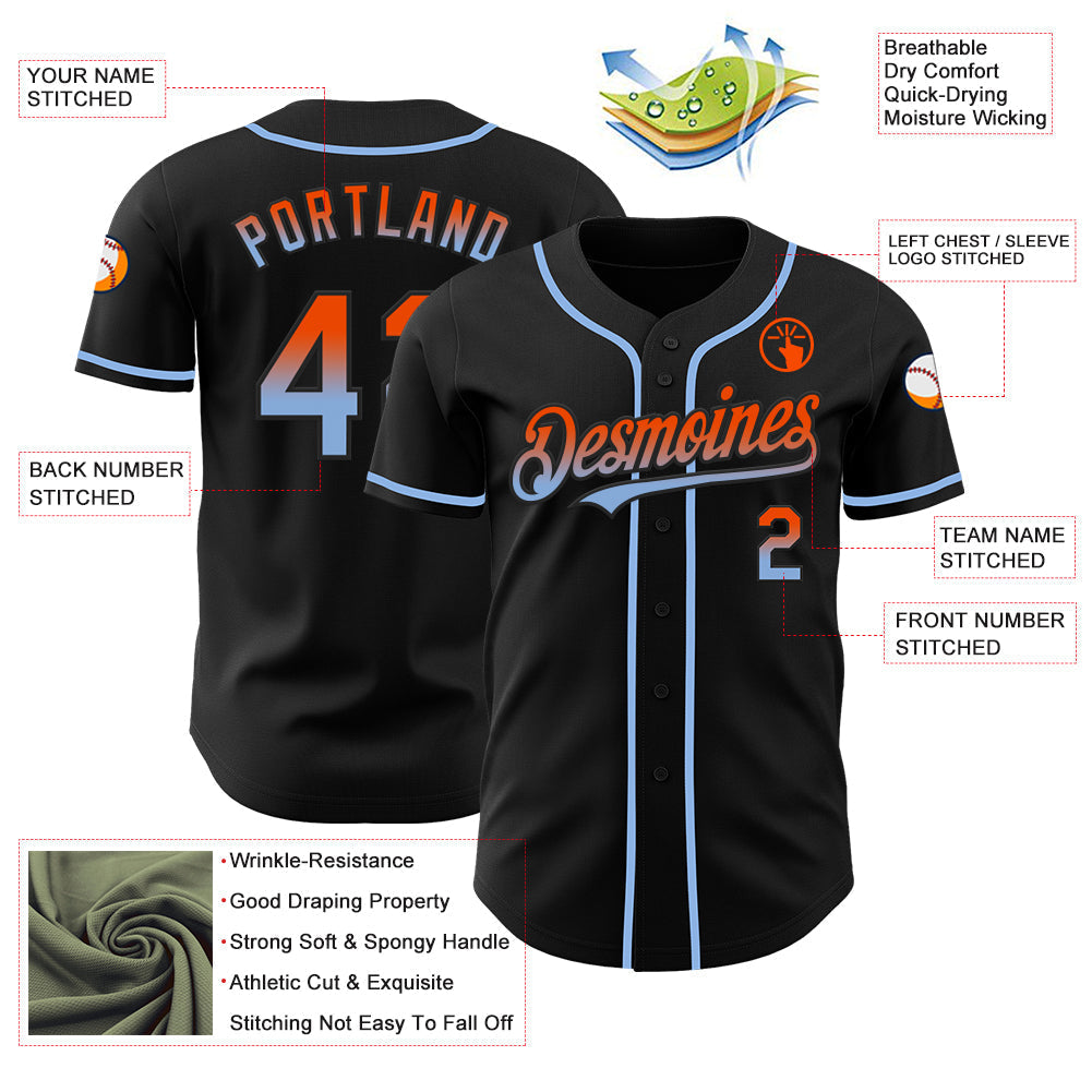 Custom Black Orange-Light Blue Authentic Fade Fashion Baseball Jersey baseball jersey product view 3