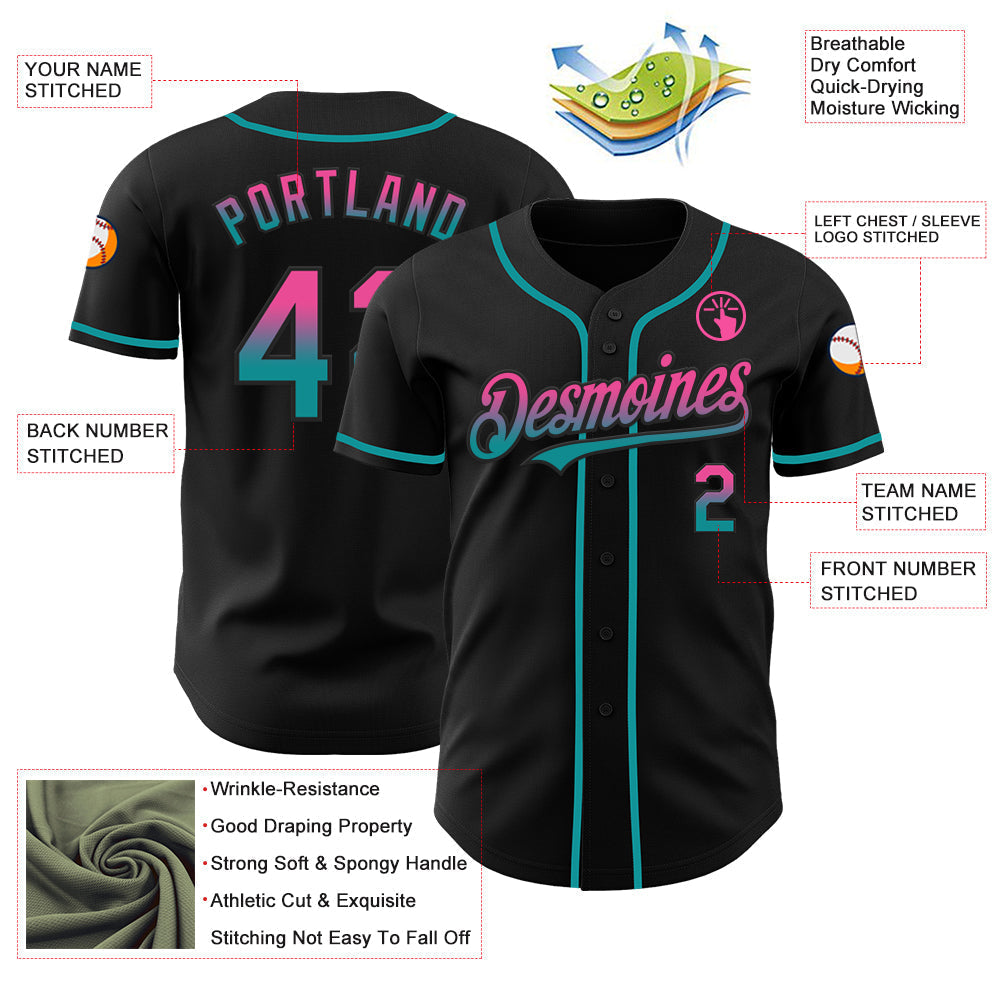 Custom Black Pink-Teal Authentic Fade Fashion Baseball Jersey baseball jersey product view 3