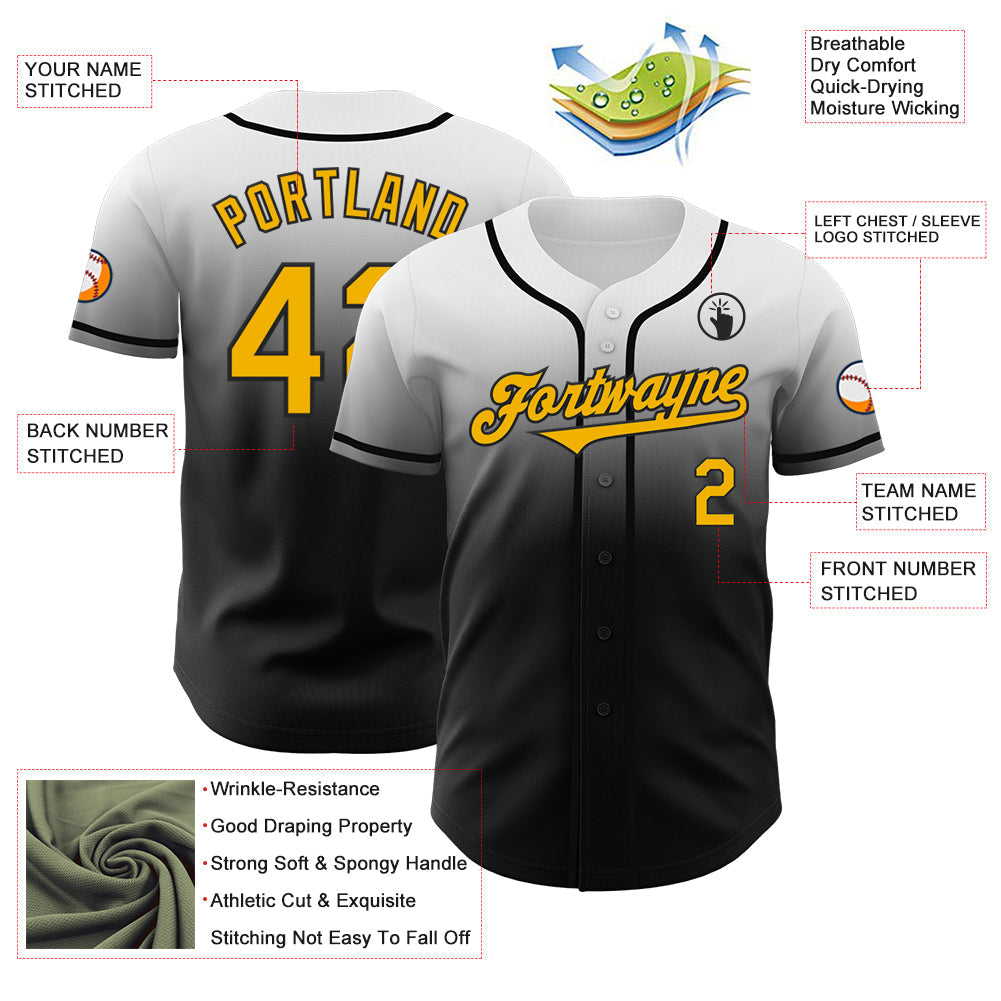 Custom White Gold-Black Authentic Fade Fashion Baseball Jersey baseball jersey product view 3