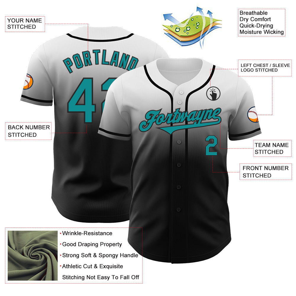 Custom White Teal-Black Authentic Fade Fashion Baseball Jersey baseball jersey product view 3