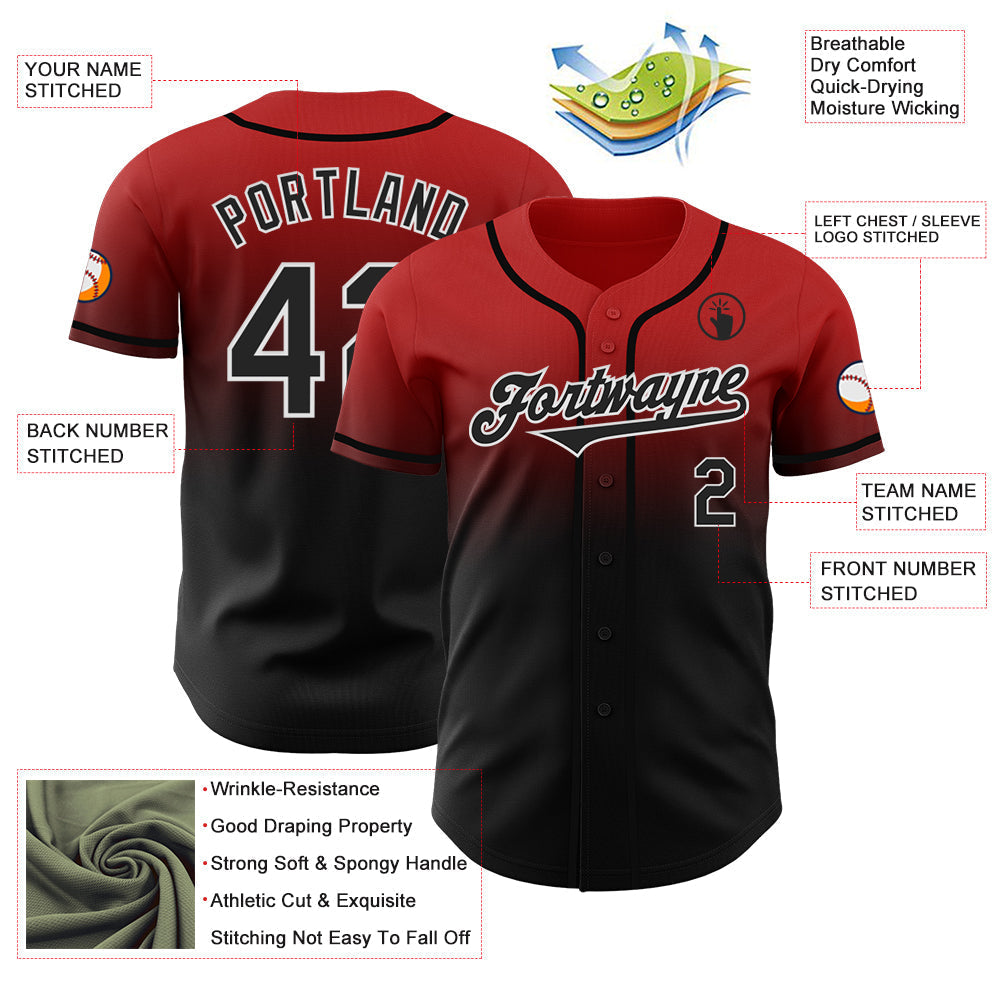Custom Red Black-White Authentic Fade Fashion Baseball Jersey baseball jersey product view 3