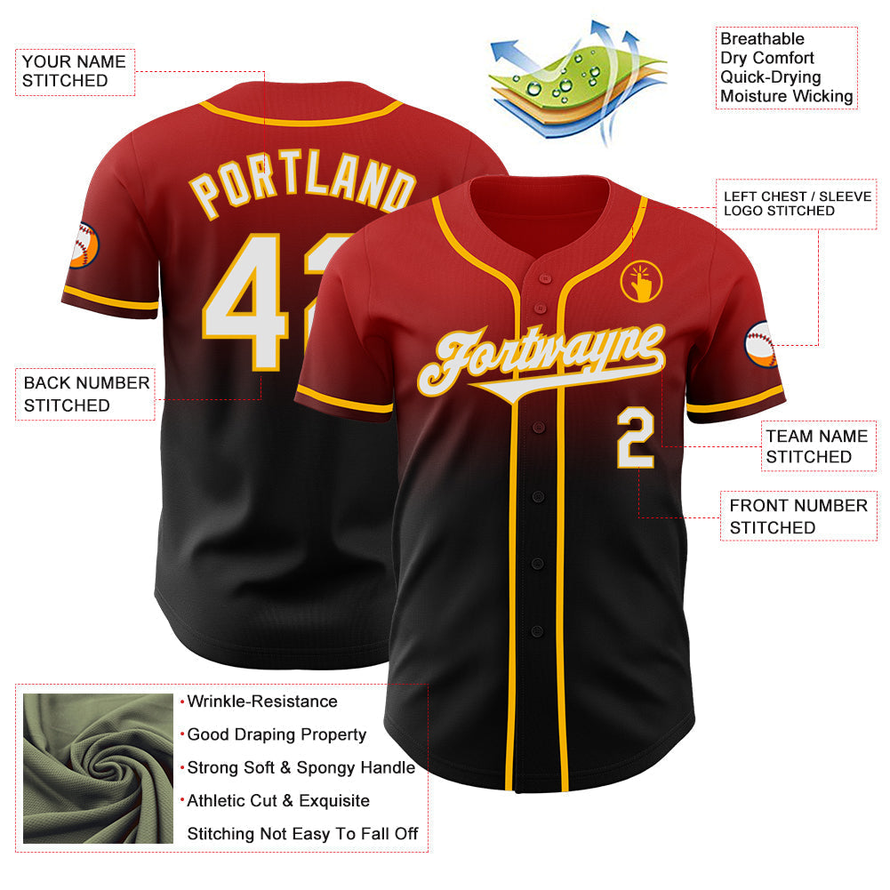 Custom Red Black-Gold Authentic Fade Fashion Baseball Jersey baseball jersey product view 3