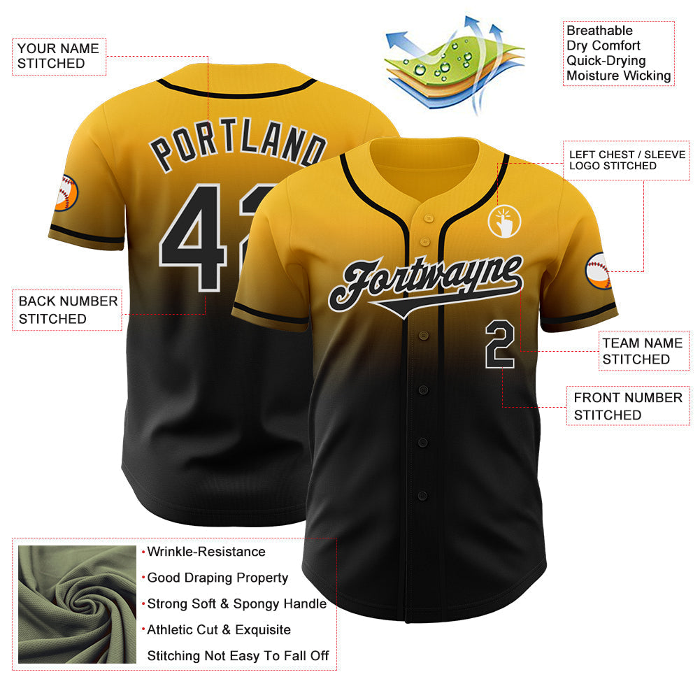 Custom Gold Black-White Authentic Fade Fashion Baseball Jersey baseball jersey product view 3