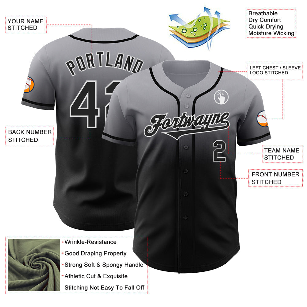 Custom Gray Black-White Authentic Fade Fashion Baseball Jersey baseball jersey product view 3