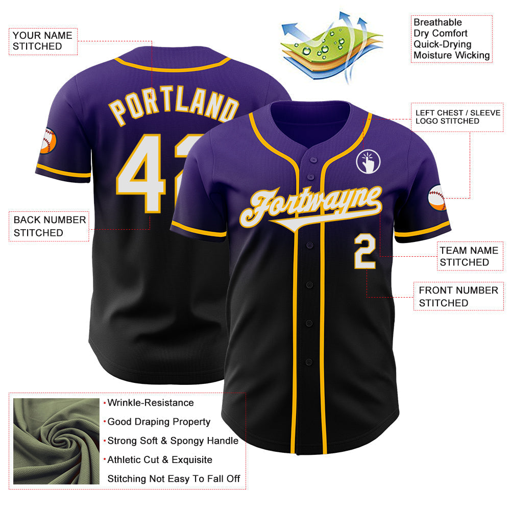 Custom Purple Black-Gold Authentic Fade Fashion Baseball Jersey baseball jersey product view 3