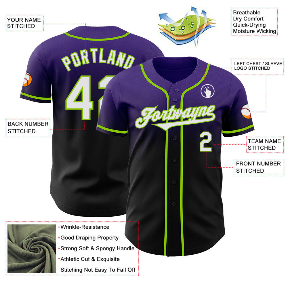 Custom Purple Black-Neon Green Authentic Fade Fashion Baseball Jersey baseball jersey product view 3