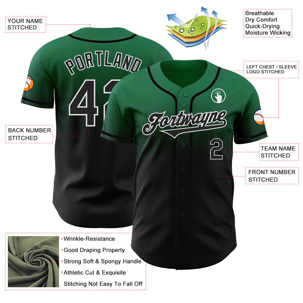 Custom Kelly Green Black-White Authentic Fade Fashion Baseball Jersey baseball jersey product view 3