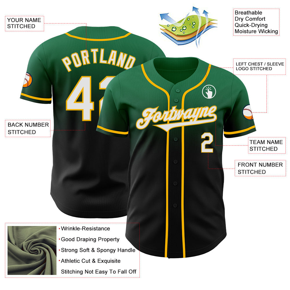 Custom Kelly Green Black-Gold Authentic Fade Fashion Baseball Jersey baseball jersey product view 3