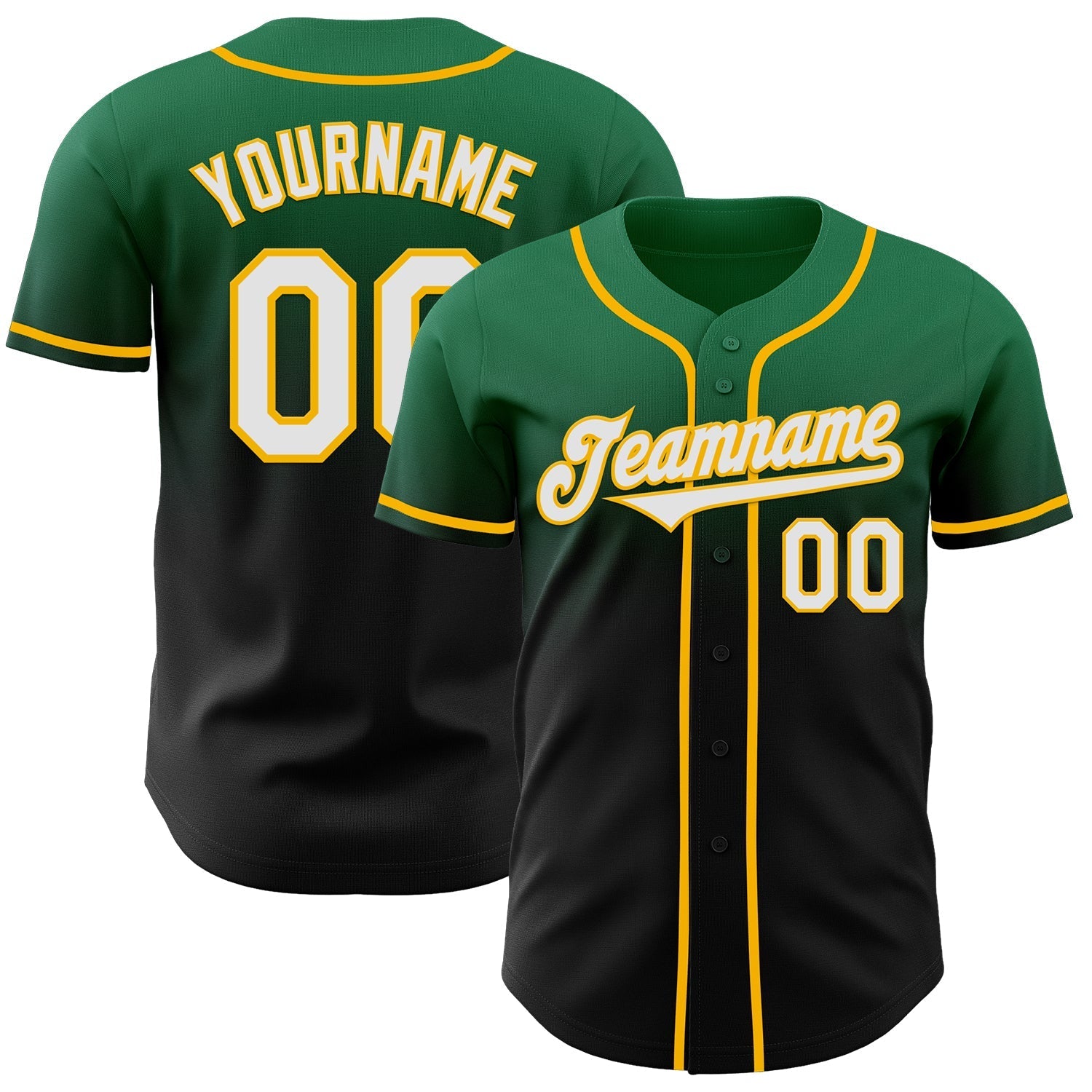 Custom Kelly Green Black-Gold Authentic Fade Fashion Baseball Jersey baseball jersey product view 1