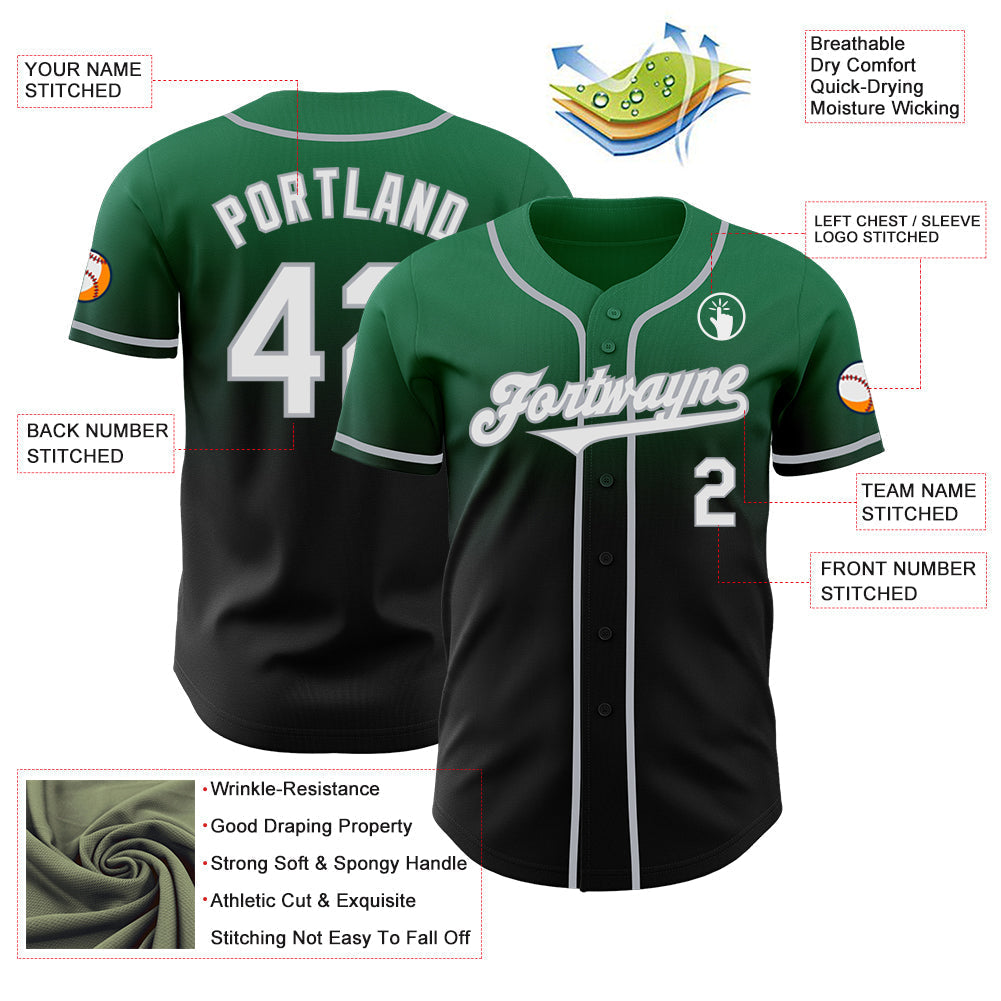 Custom Kelly Green Black-Gray Authentic Fade Fashion Baseball Jersey baseball jersey product view 3