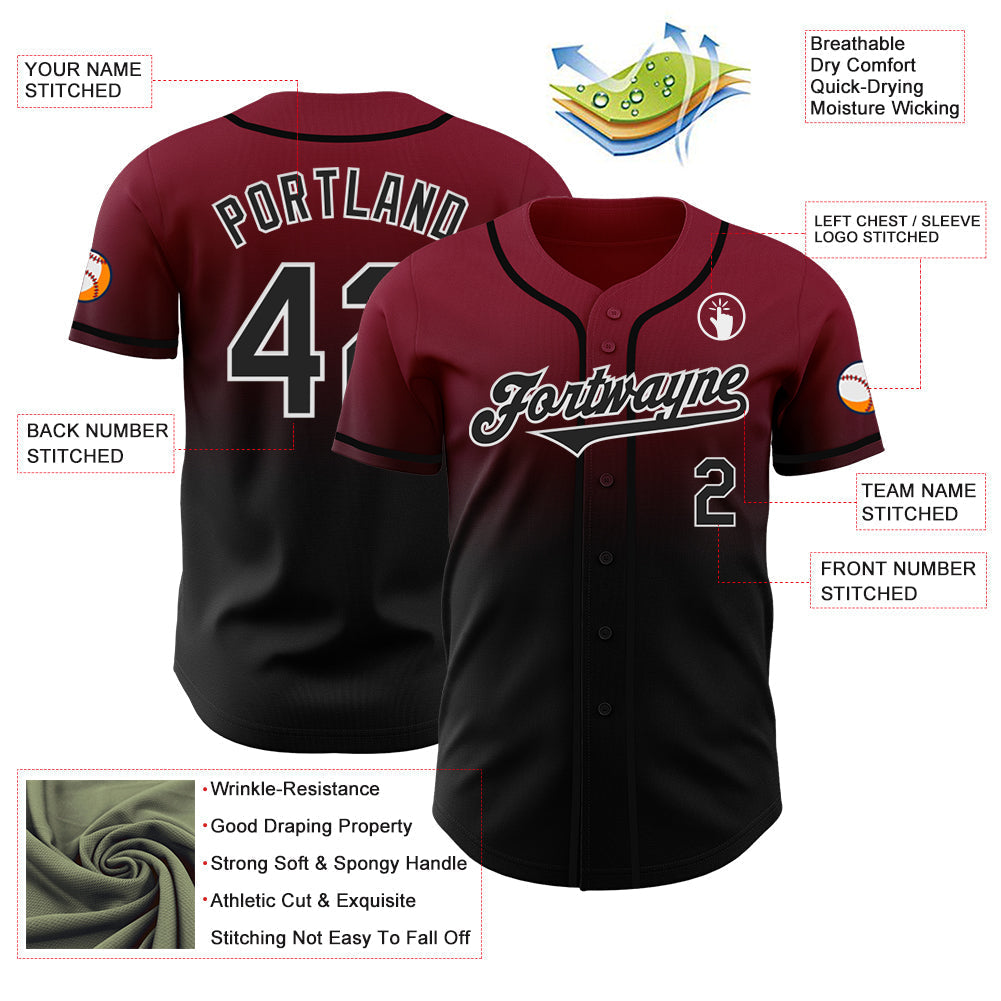 Custom Crimson Black-White Authentic Fade Fashion Baseball Jersey baseball jersey product view 3