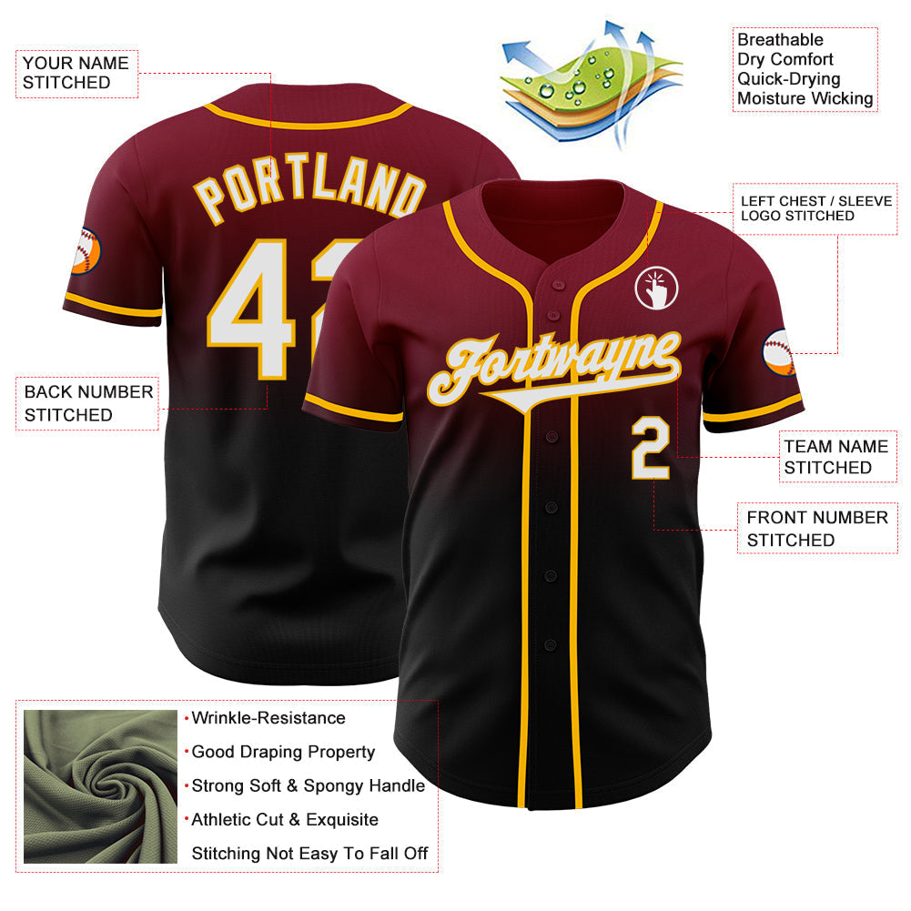 Custom Crimson Black-Gold Authentic Fade Fashion Baseball Jersey baseball jersey product view 3