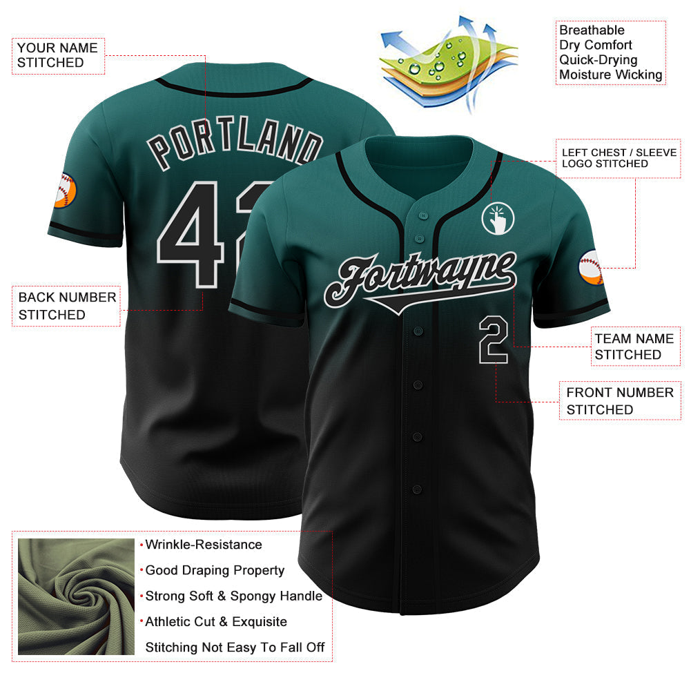 Custom Teal Black-White Authentic Fade Fashion Baseball Jersey baseball jersey product view 3