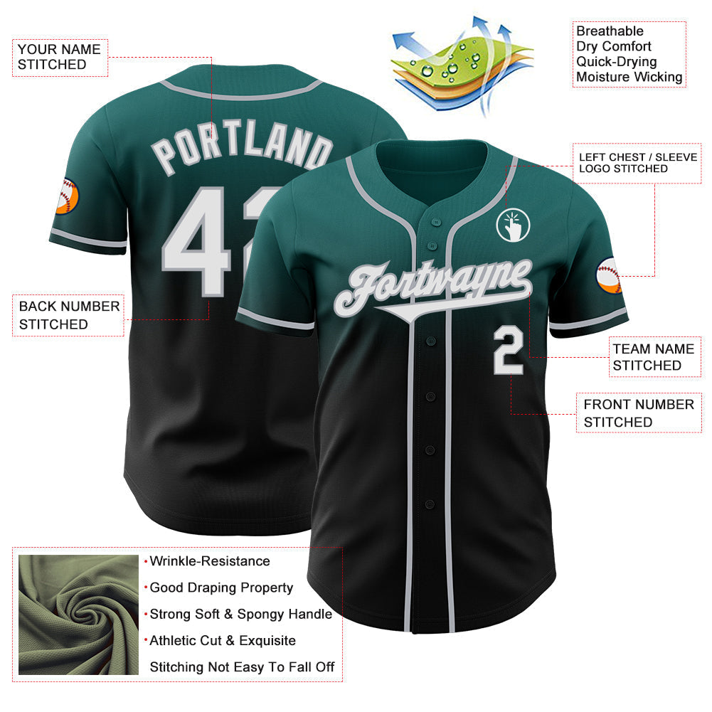 Custom Teal Black-Gray Authentic Fade Fashion Baseball Jersey baseball jersey product view 3