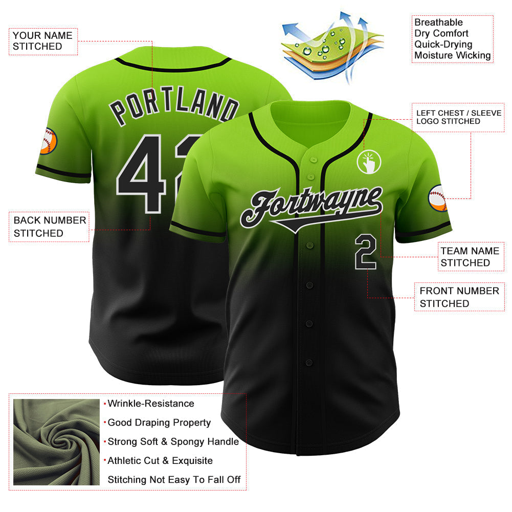 Custom Neon Green Black-White Authentic Fade Fashion Baseball Jersey baseball jersey product view 3