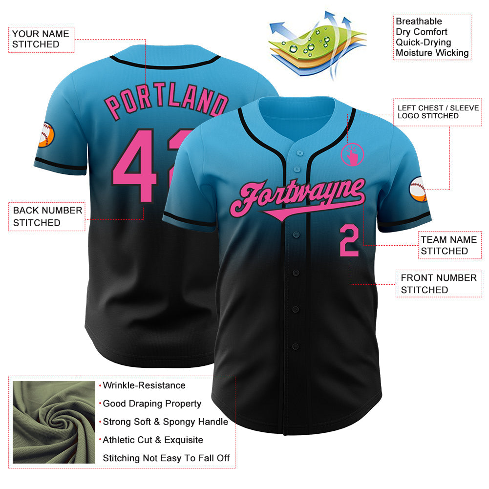 Custom Sky Blue Pink-Black Authentic Fade Fashion Baseball Jersey baseball jersey product view 3