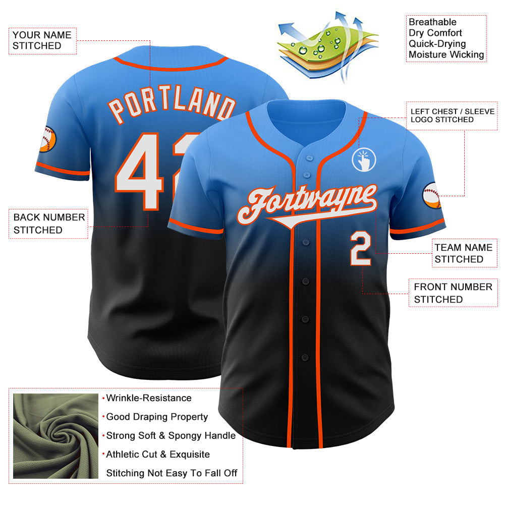 Custom Electric Blue Black-Orange Authentic Fade Fashion Baseball Jersey baseball jersey product view 3