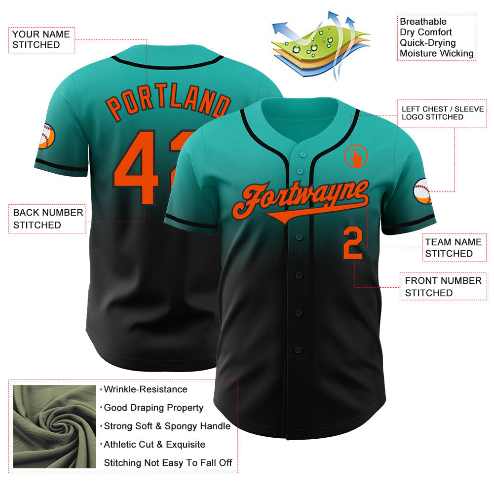 Custom Aqua Orange-Black Authentic Fade Fashion Baseball Jersey baseball jersey product view 3