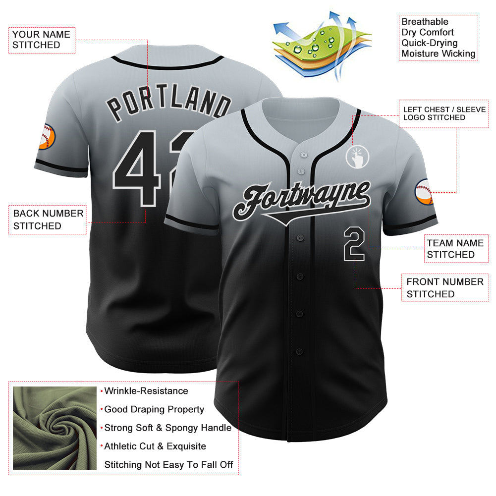 Custom Silver Black-White Authentic Fade Fashion Baseball Jersey baseball jersey product view 3