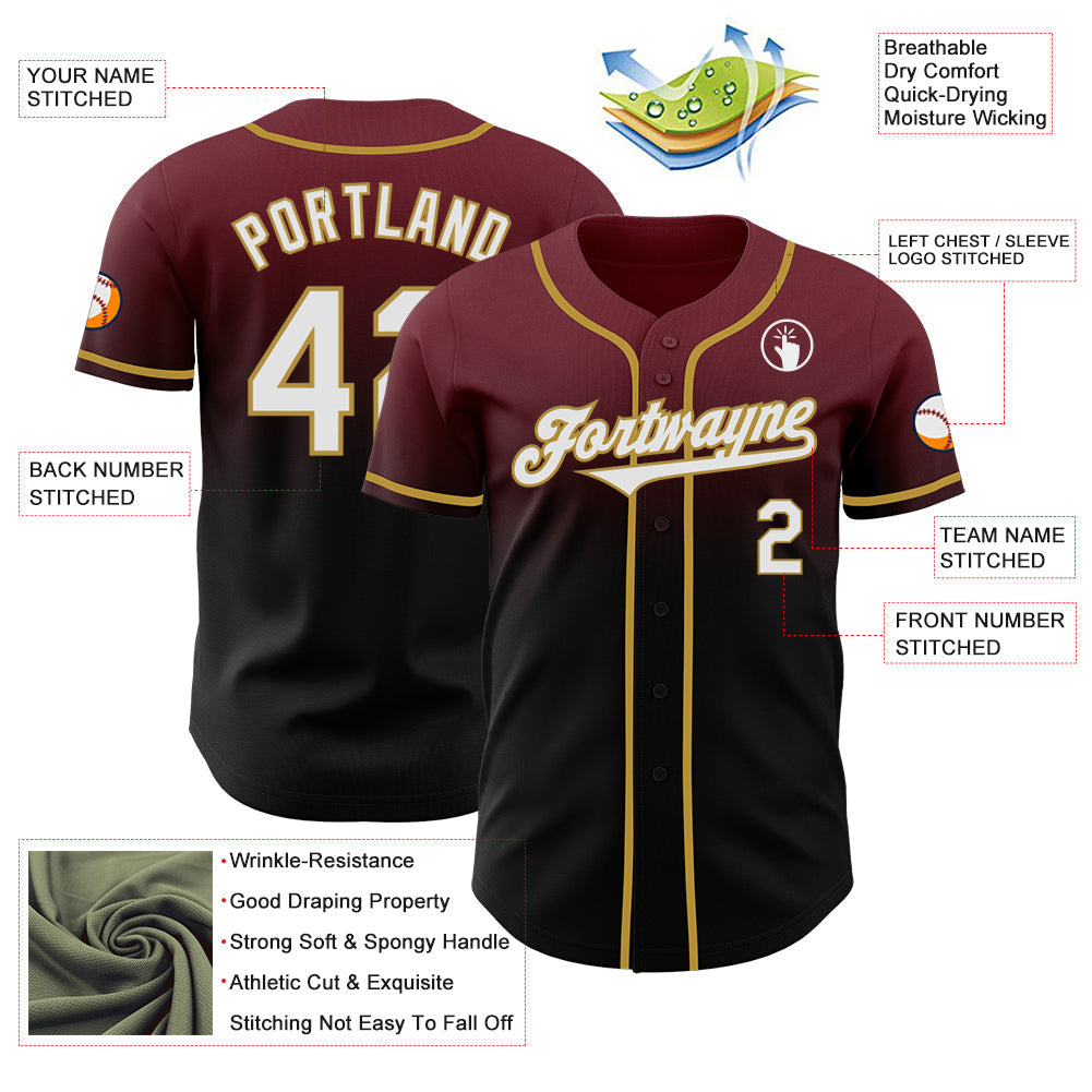 Custom Burgundy Black-Old Gold Authentic Fade Fashion Baseball Jersey baseball jersey product view 3