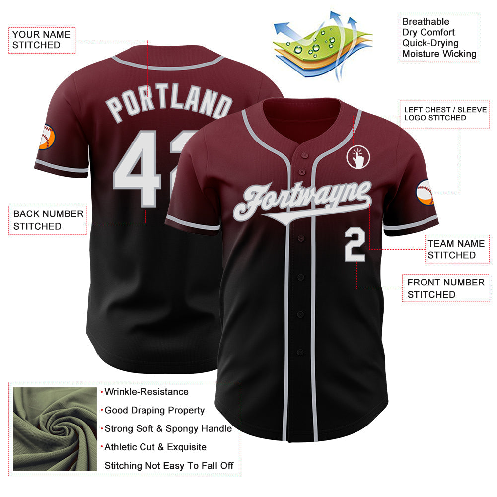 Custom Burgundy Black-Gray Authentic Fade Fashion Baseball Jersey baseball jersey product view 3