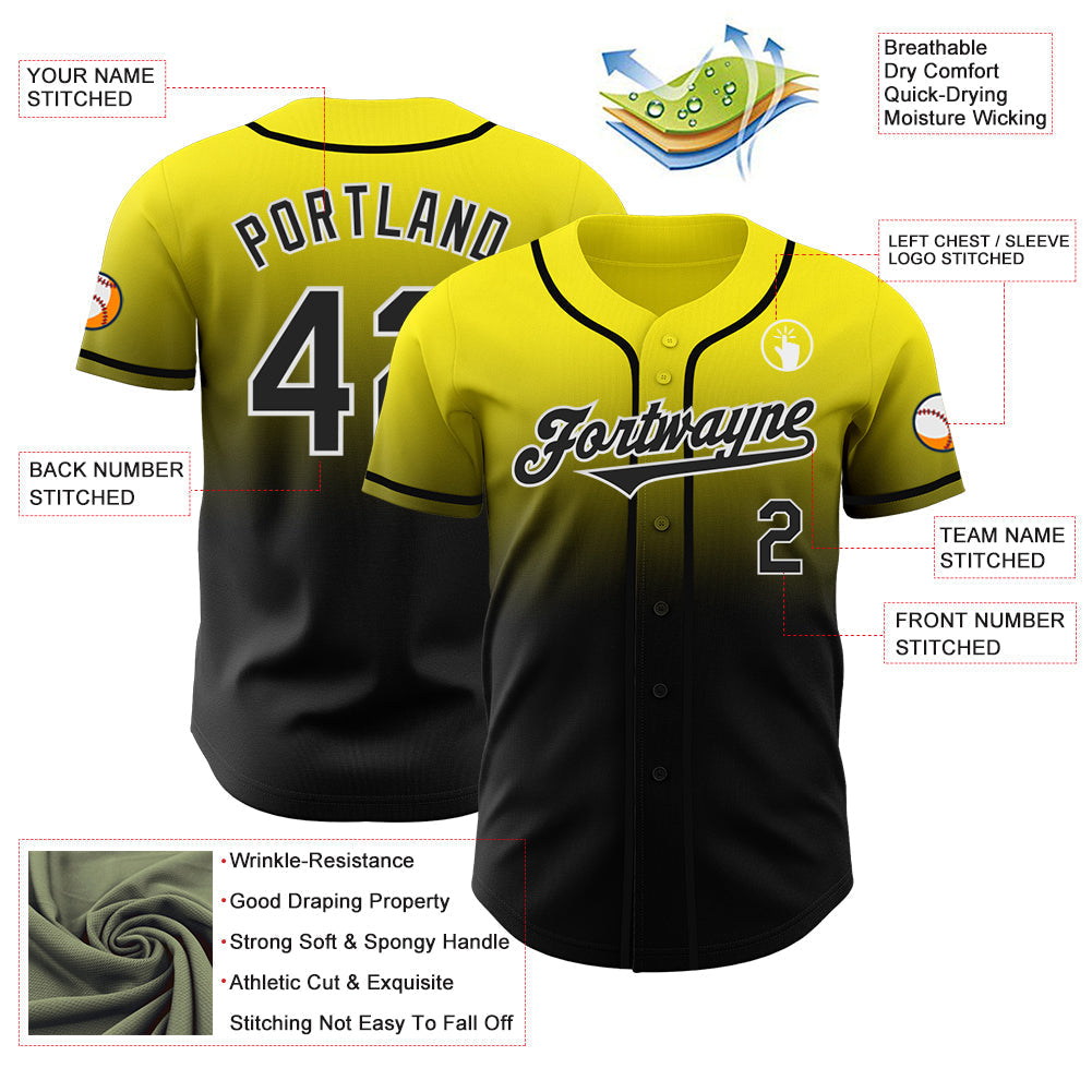 Custom Light Yellow Black-White Authentic Fade Fashion Baseball Jersey baseball jersey product view 3