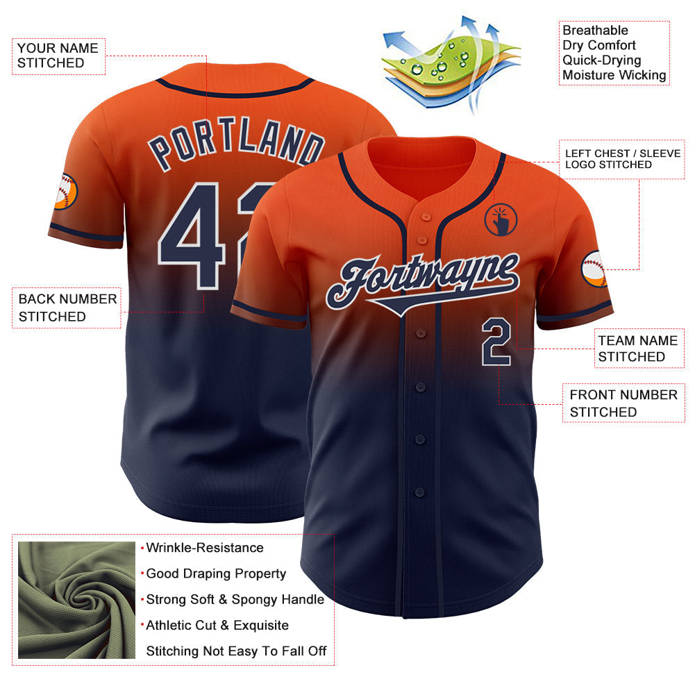 Custom Orange Navy-White Authentic Fade Fashion Baseball Jersey baseball jersey product view 3