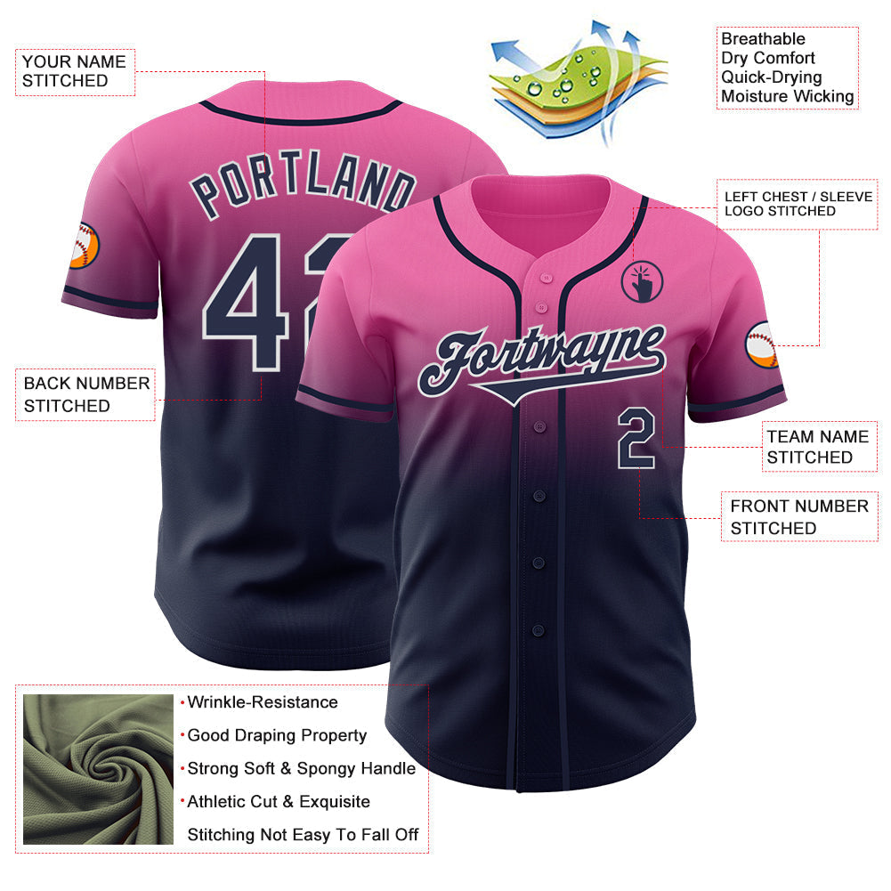 Custom Pink Navy-White Authentic Fade Fashion Baseball Jersey baseball jersey product view 3