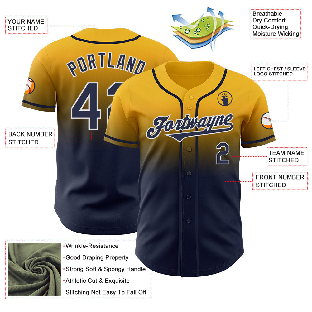 Custom Gold Navy-White Authentic Fade Fashion Baseball Jersey baseball jersey product view 3
