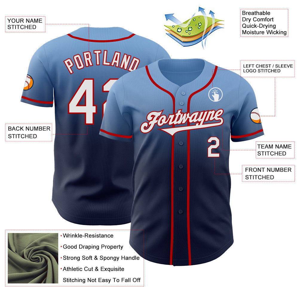 Custom Light Blue Navy-Red Authentic Fade Fashion Baseball Jersey baseball jersey product view 3