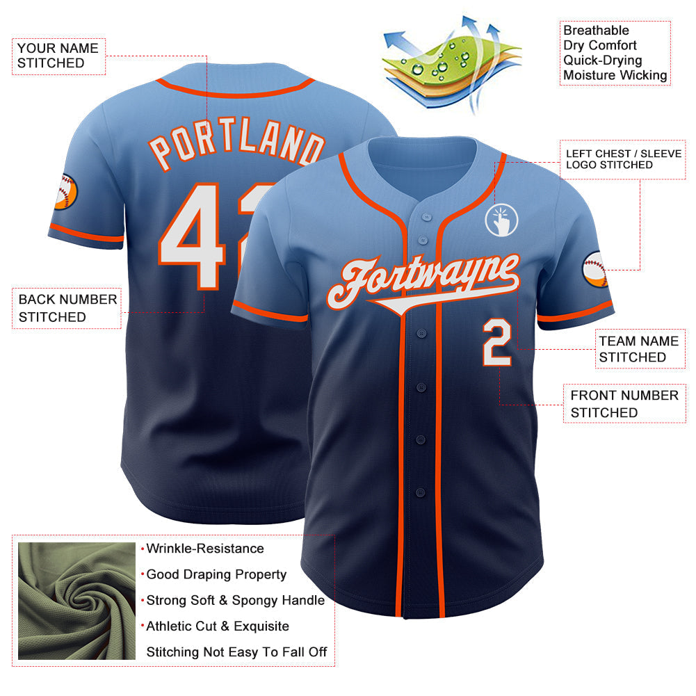 Custom Light Blue Navy-Orange Authentic Fade Fashion Baseball Jersey baseball jersey product view 3