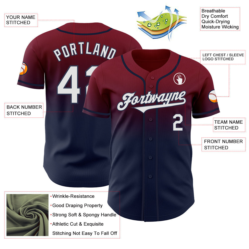 Custom Crimson White-Navy Authentic Fade Fashion Baseball Jersey baseball jersey product view 3