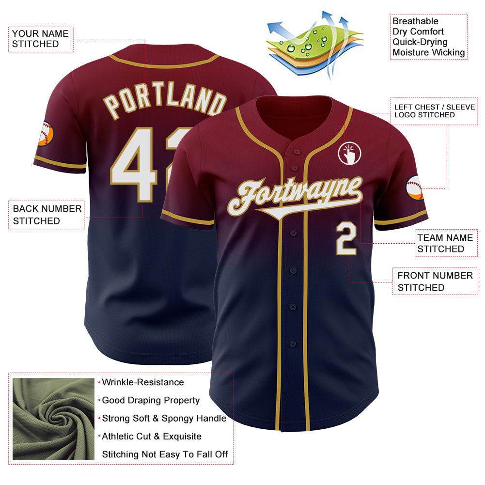 Custom Crimson Navy-Old Gold Authentic Fade Fashion Baseball Jersey baseball jersey product view 3
