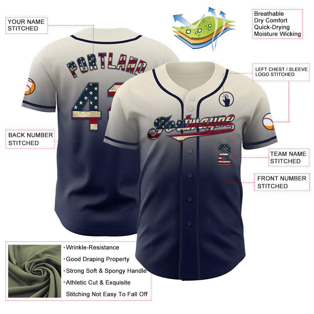 Custom Cream Vintage USA Flag-Navy Authentic Fade Fashion Baseball Jersey baseball jersey product view 3