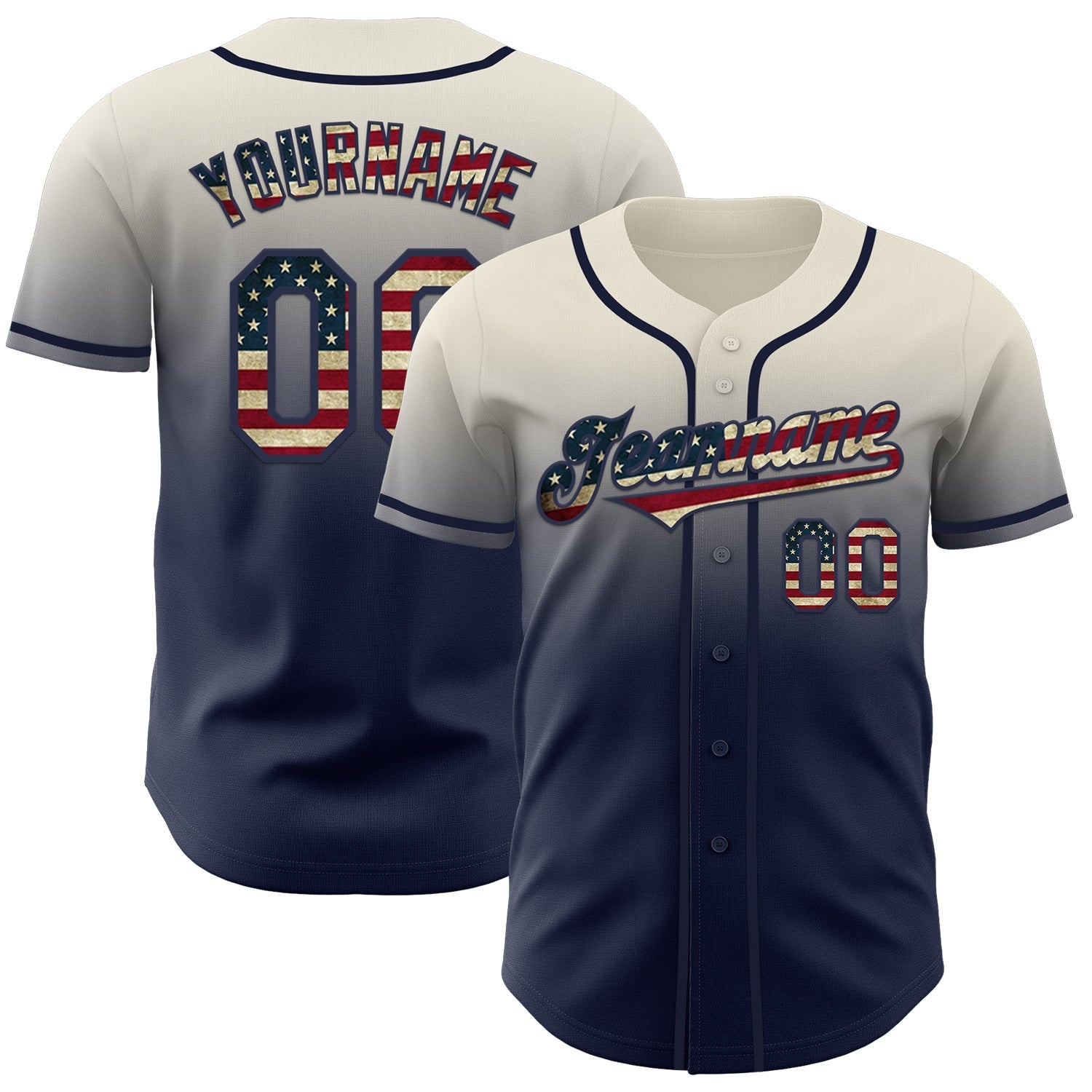 Custom Cream Vintage USA Flag-Navy Authentic Fade Fashion Baseball Jersey baseball jersey product view 1