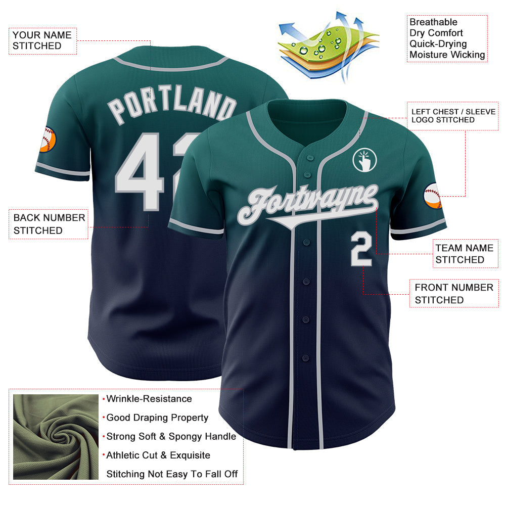Custom Teal Navy-Gray Authentic Fade Fashion Baseball Jersey baseball jersey product view 3